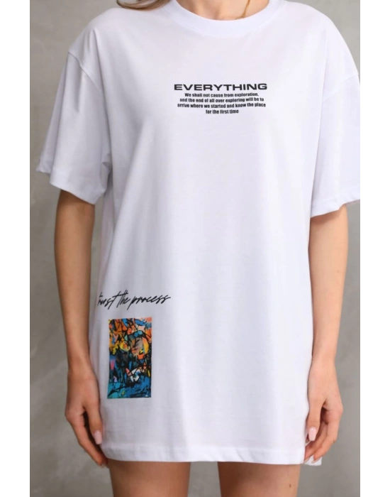 Unisex Bisiklet Yaka Baskılı Oversize T-Shirt - Beyaz