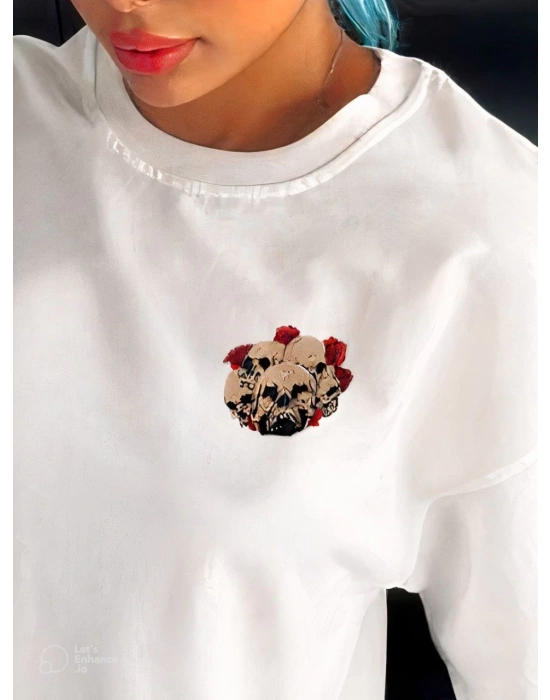 Unisex Bisiklet Yaka Baskılı Oversize T-Shirt - Beyaz