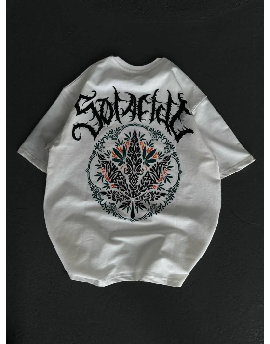 Unisex Bisiklet Yaka Baskılı Oversize T-Shirt - Beyaz