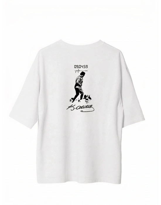 Unisex Bisiklet Yaka Baskılı Oversize T-Shirt - Beyaz
