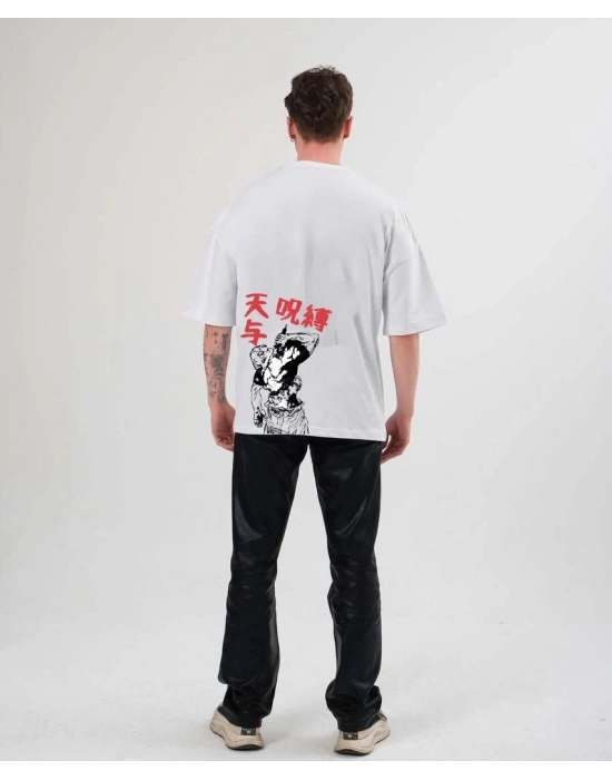 Unisex Bisiklet Yaka Baskılı Oversize T-Shirt - Beyaz