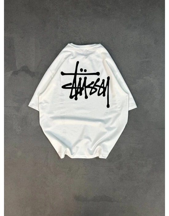 Unisex Bisiklet Yaka Baskılı Oversize T-Shirt - Beyaz