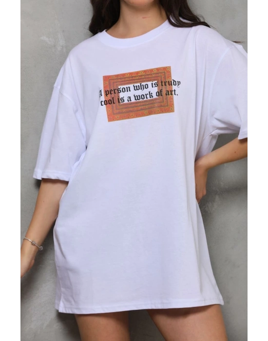 Unisex Bisiklet Yaka Baskılı Oversize T-Shirt - Beyaz