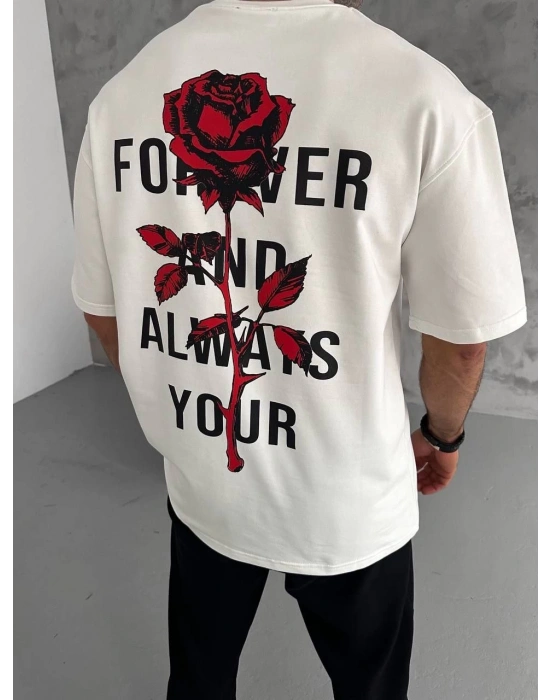 Unisex Bisiklet Yaka Baskılı Oversize T-Shirt - Beyaz