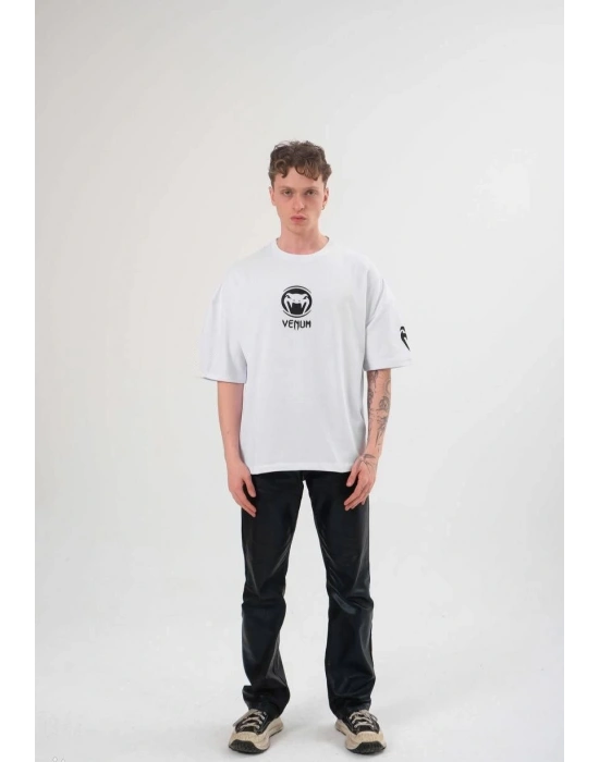 Unisex Bisiklet Yaka Baskılı Oversize T-Shirt - Beyaz