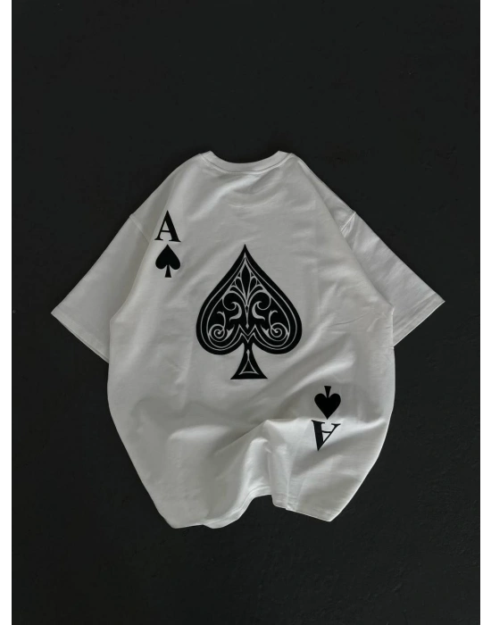 Unisex Bisiklet Yaka Baskılı Oversize T-Shirt - Beyaz