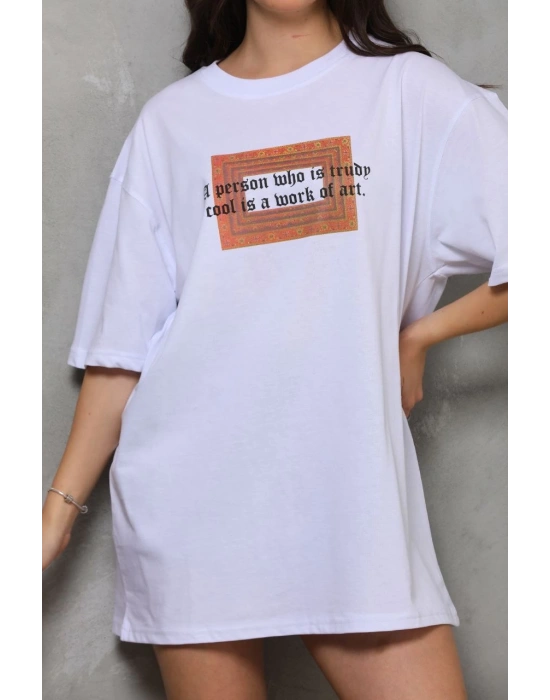 Unisex Bisiklet Yaka Baskılı Oversize T-Shirt - Beyaz