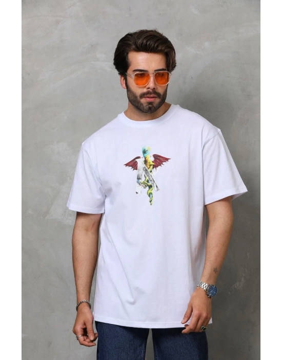 Unisex Bisiklet Yaka Baskılı Oversize T-Shirt - Beyaz