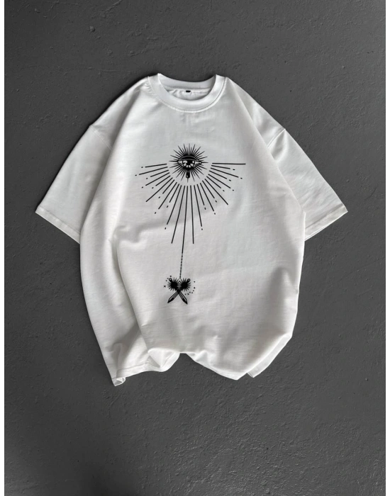 Unisex Bisiklet Yaka Baskılı Oversize T-Shirt - Beyaz