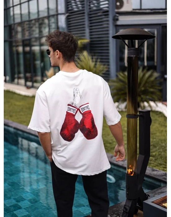 Unisex Bisiklet Yaka Baskılı Oversize T-Shirt - Beyaz