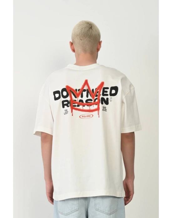 Unisex Bisiklet Yaka Baskılı Oversize T-Shirt - Beyaz