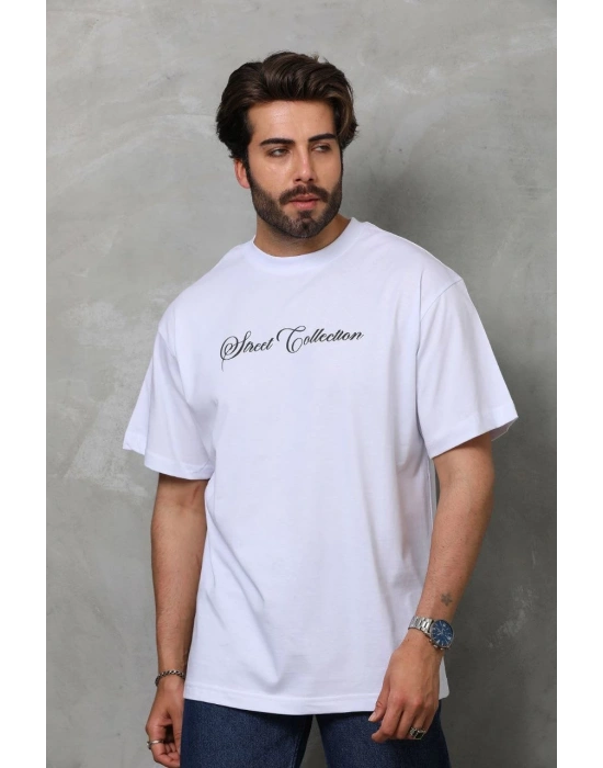 Unisex Bisiklet Yaka Baskılı Oversize T-Shirt - Beyaz