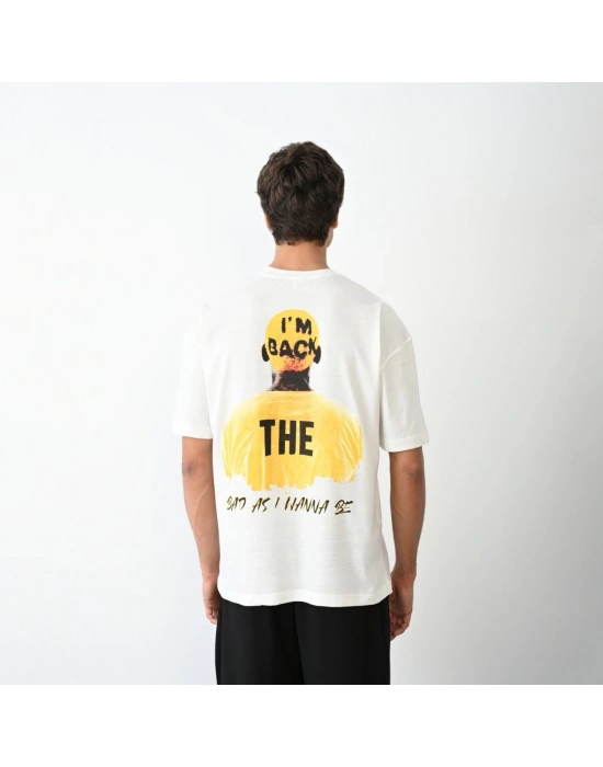 Unisex Bisiklet Yaka Baskılı Oversize T-Shirt - Beyaz