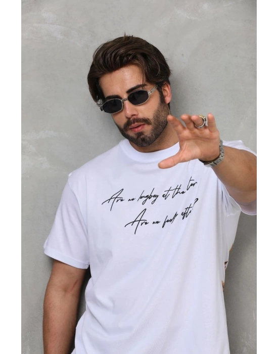 Unisex Bisiklet Yaka Baskılı Oversize T-Shirt - Beyaz