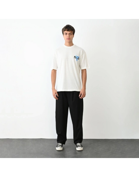 Unisex Bisiklet Yaka Baskılı Oversize T-Shirt - Beyaz