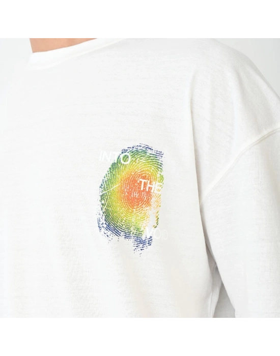 Unisex Bisiklet Yaka Baskılı Oversize T-Shirt - Beyaz