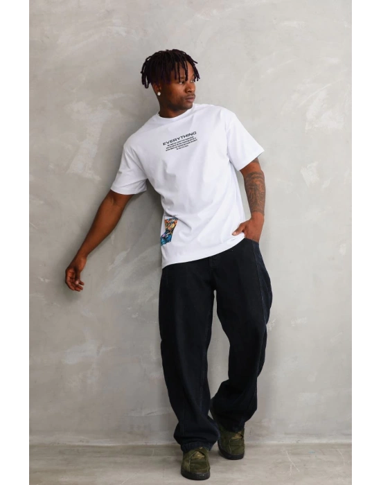 Unisex Bisiklet Yaka Baskılı Oversize T-Shirt - Beyaz