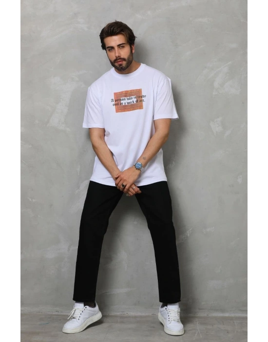 Unisex Bisiklet Yaka Baskılı Oversize T-Shirt - Beyaz