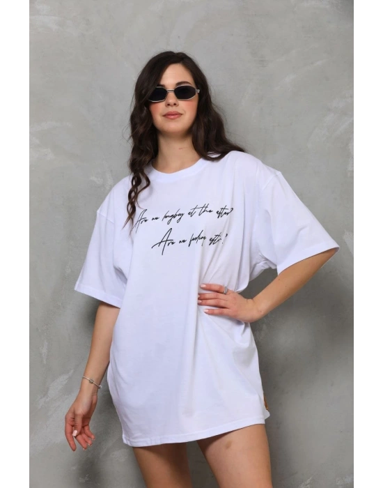 Unisex Bisiklet Yaka Baskılı Oversize T-Shirt - Beyaz
