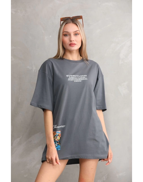 Unisex Bisiklet Yaka Baskılı Oversize T-Shirt - Gri