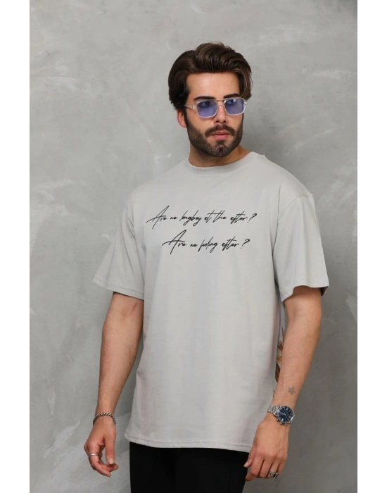 Unisex Bisiklet Yaka Baskılı Oversize T-Shirt - Gri