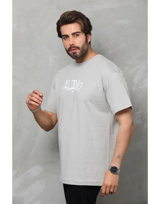 Unisex Bisiklet Yaka Baskılı Oversize T-Shirt - Gri
