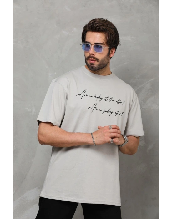 Unisex Bisiklet Yaka Baskılı Oversize T-Shirt - Gri