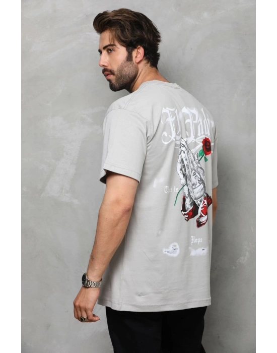 Unisex Bisiklet Yaka Baskılı Oversize T-Shirt - Gri