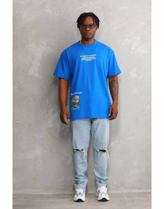 Unisex Bisiklet Yaka Baskılı Oversize T-Shirt - Mavi