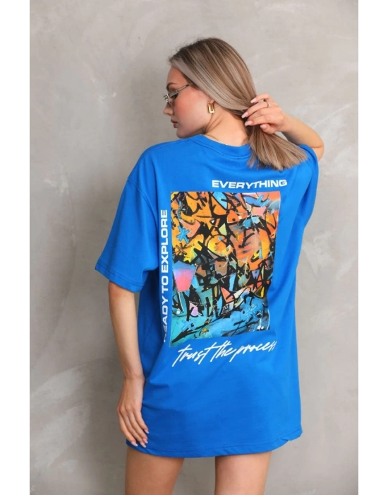 Unisex Bisiklet Yaka Baskılı Oversize T-Shirt - Mavi