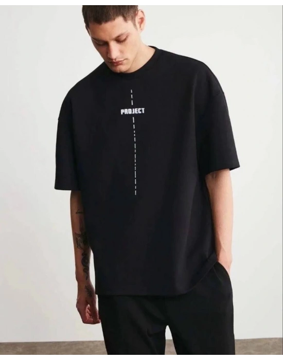 Unisex Bisiklet Yaka Baskılı Oversize T-Shirt - Siyah