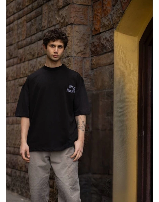 Unisex Bisiklet Yaka Baskılı Oversize T-Shirt - Siyah