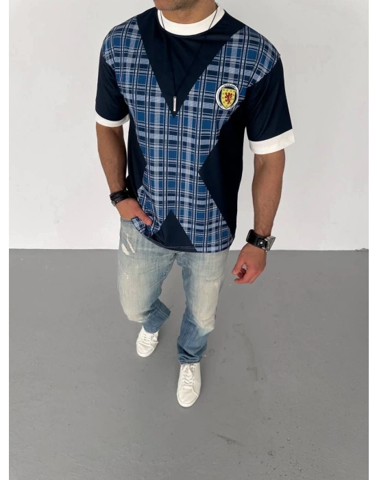 Unisex Bisiklet Yaka Baskılı Oversize T-Shirt - Siyah