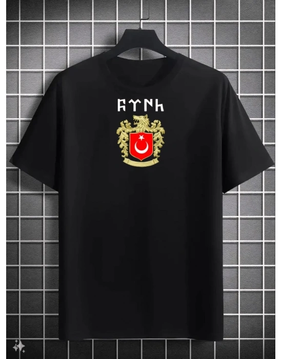 Unisex Bisiklet Yaka Baskılı Oversize T-Shirt - Siyah