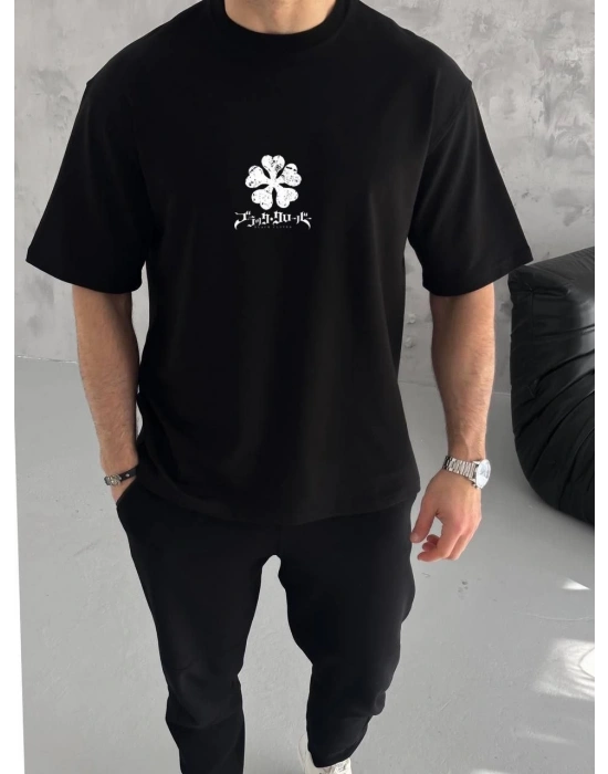 Unisex Bisiklet Yaka Baskılı Oversize T-Shirt - Siyah