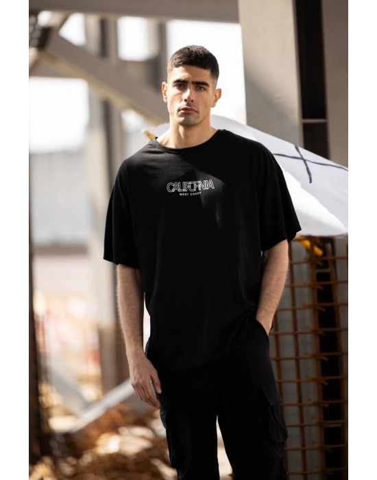 Unisex Bisiklet Yaka Baskılı Oversize T-Shirt - Siyah