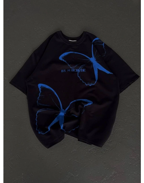 Unisex Bisiklet Yaka Baskılı Oversize T-Shirt - Siyah