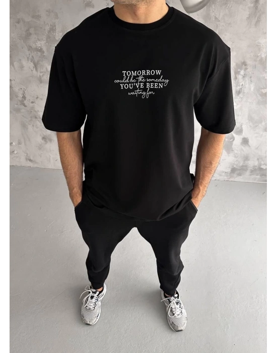 Unisex Bisiklet Yaka Baskılı Oversize T-Shirt - Siyah