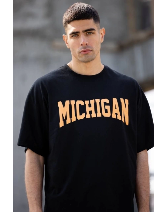 Unisex Bisiklet Yaka Baskılı Oversize T-Shirt - Siyah