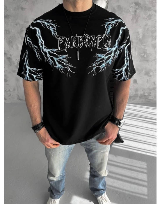 Unisex Bisiklet Yaka Baskılı Oversize T-Shirt-Siyah