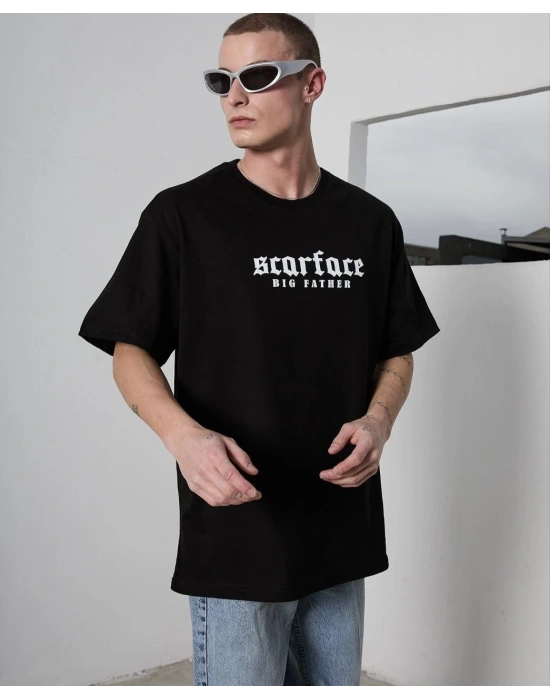 Unisex Bisiklet Yaka Baskılı Oversize T-Shirt - Siyah