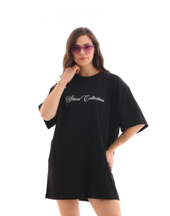 Unisex Bisiklet Yaka Baskılı Oversize T-Shirt - Siyah