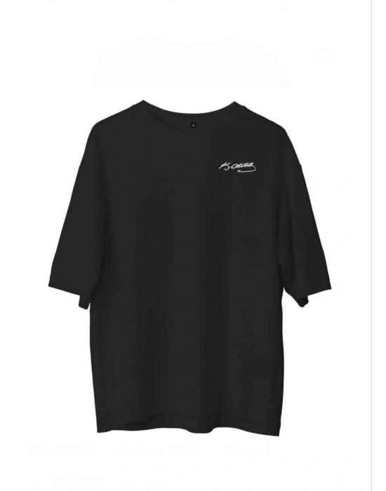 Unisex Bisiklet Yaka Baskılı Oversize T-Shirt - Siyah