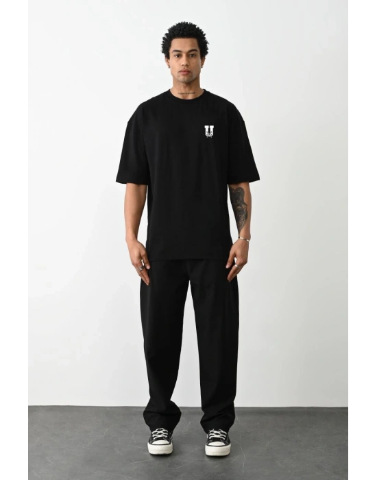 Unisex Bisiklet Yaka Baskılı Oversize T-Shirt - Siyah