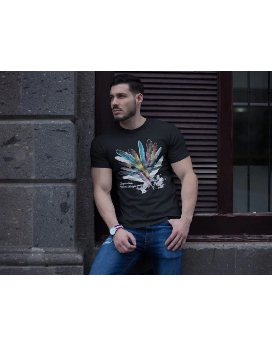 Unisex Bisiklet Yaka Baskılı Oversize T-Shirt - Siyah