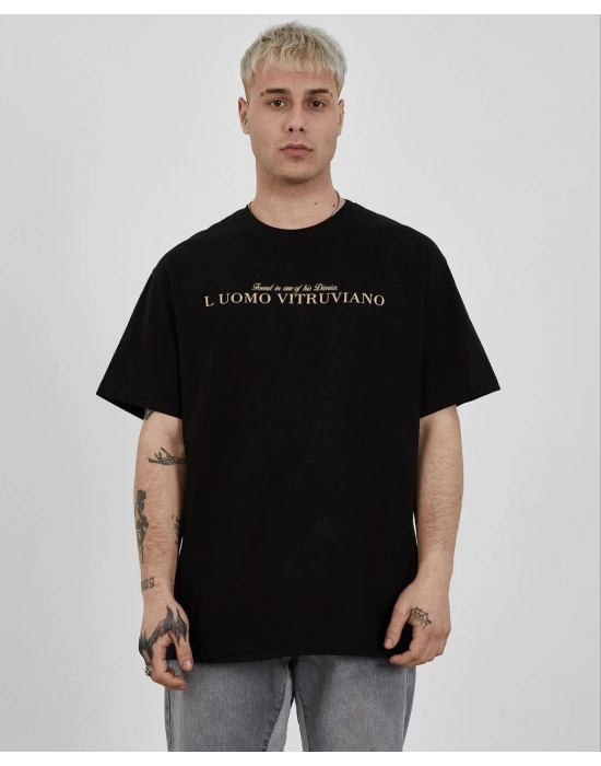 Unisex Bisiklet Yaka Baskılı Oversize T-Shirt - Siyah