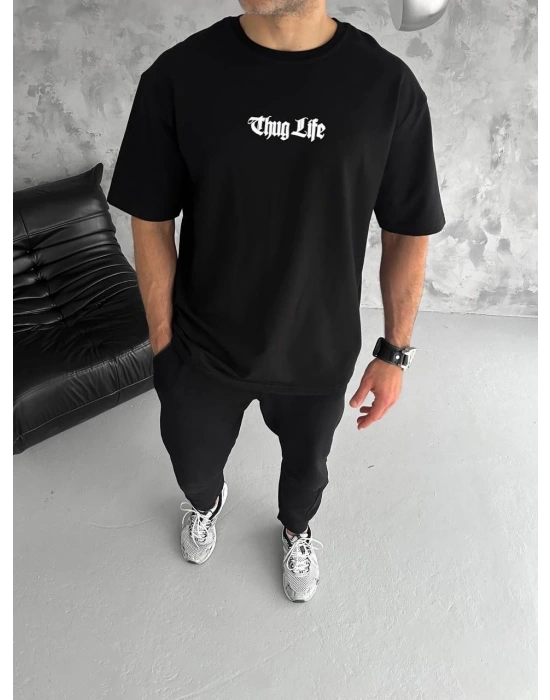 Unisex Bisiklet Yaka Baskılı Oversize T-Shirt - Siyah