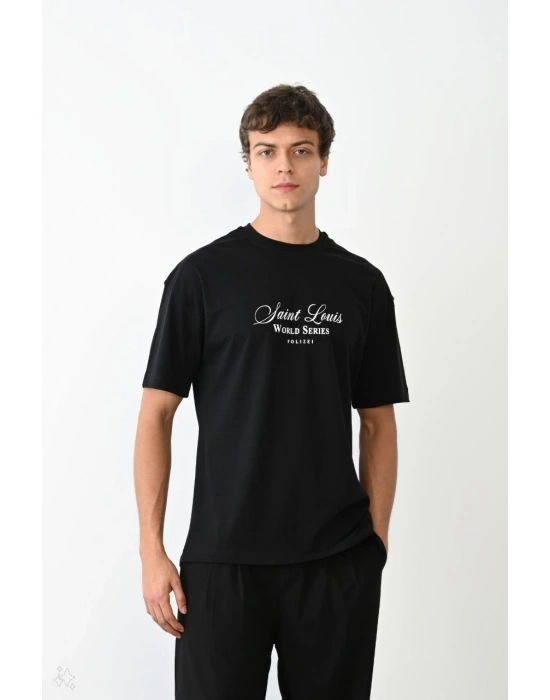 Unisex Bisiklet Yaka Baskılı Oversize T-Shirt - Siyah