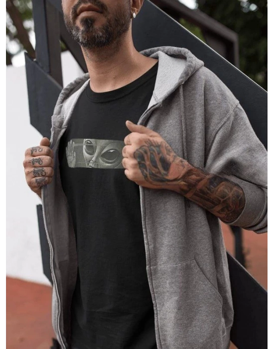 Unisex Bisiklet Yaka Baskılı Oversize T-Shirt - Siyah