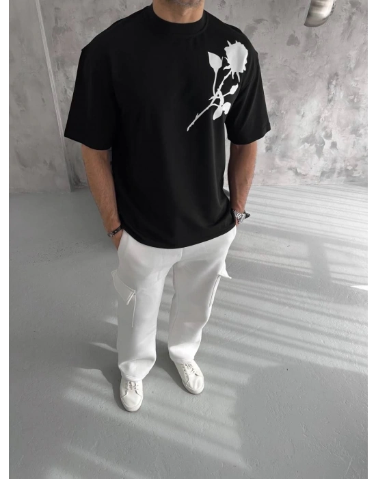 Unisex Bisiklet Yaka Baskılı Oversize T-Shirt - Siyah